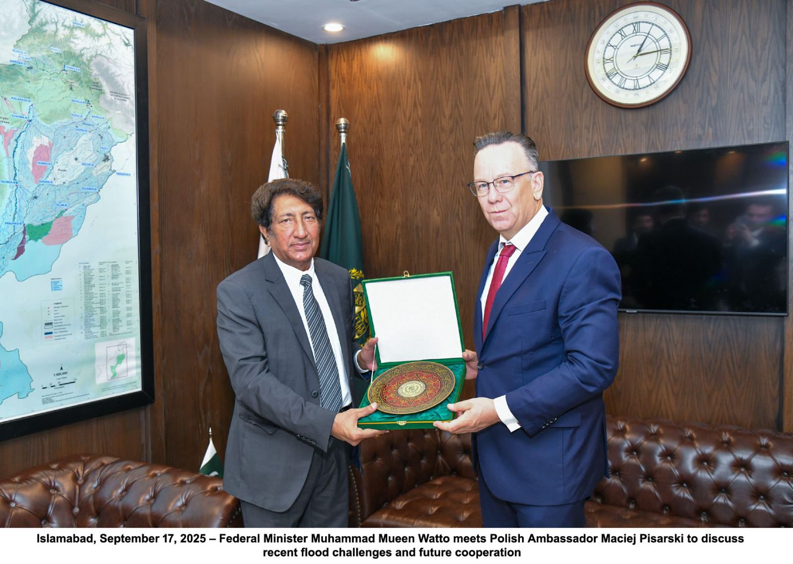Islamabad, September 17, 2025 - Federal Minister Muhammad Mueen Watto meets Polish Ambassador Maciej Pisarski to discuss recent flood challenges and future cooperation