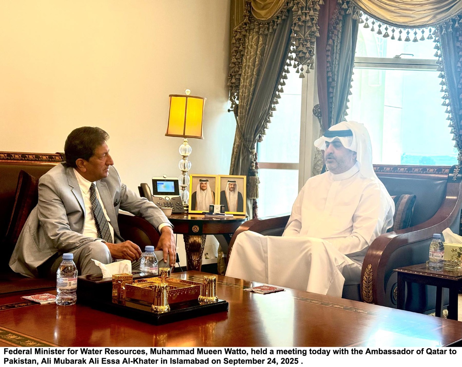 Islamabad, September 24, 2025 – Federal Minister for Water Resources, Muhammad Mueen Watto, held a meeting today with the Ambassador of Qatar to Pakistan, Ali Mubarak Ali Essa Al-Khater.
